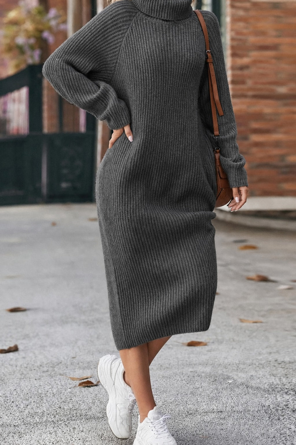 Ribbed Turtleneck Midi Dress with Long Sleeves - 6