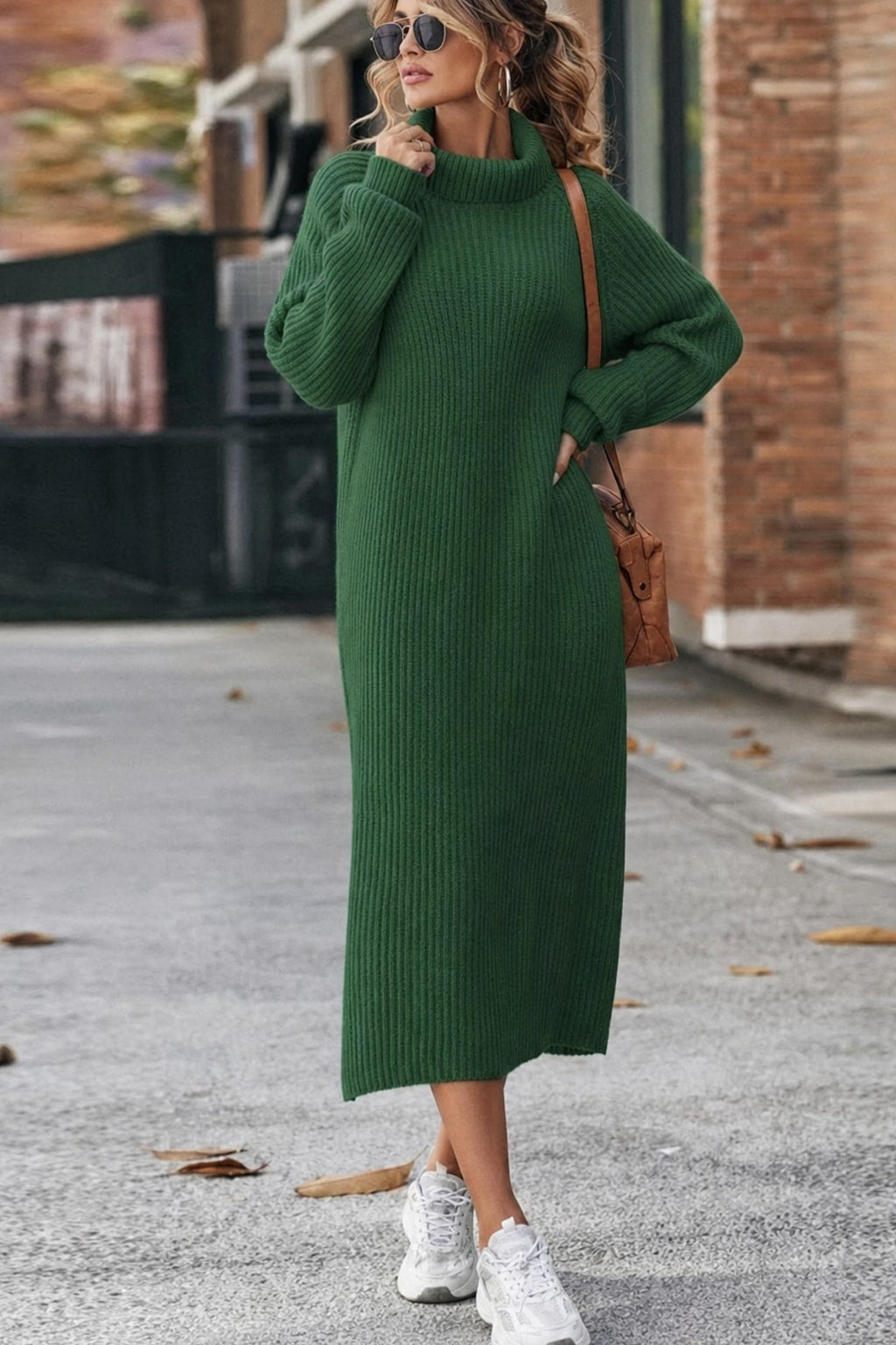 Ribbed Turtleneck Midi Dress with Long Sleeves - 7