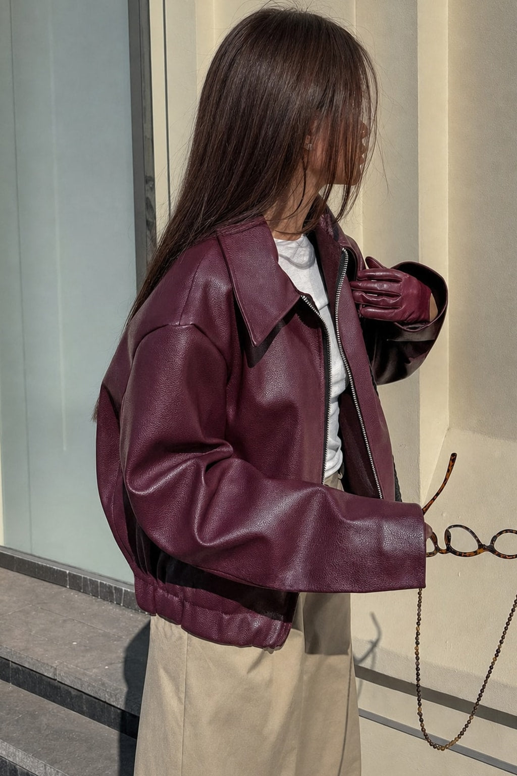 Cropped Matte Biker Jacket With Front Zip - 3