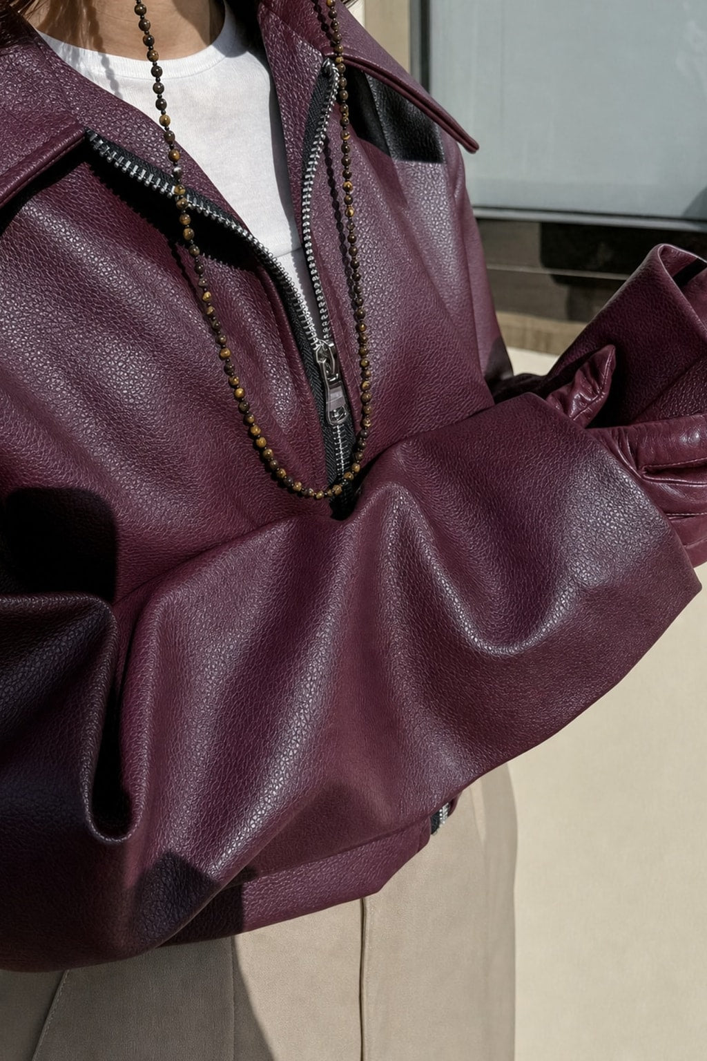 Cropped Matte Biker Jacket With Front Zip - 4