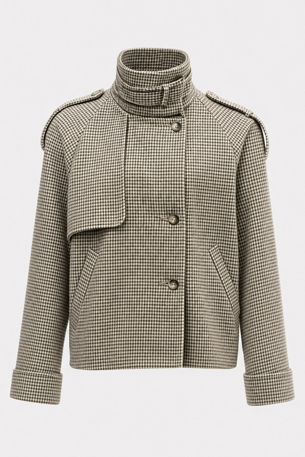 Elegant Houndstooth Cropped Jacket With Stand Collar - 1