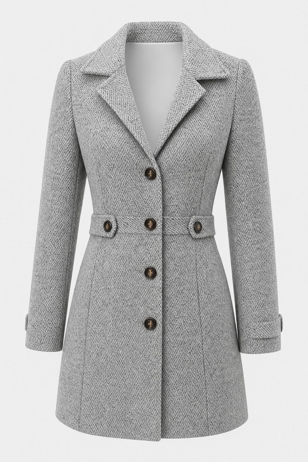 Elegant Herringbone Coat With Waist Defining Tailored Fit - 1