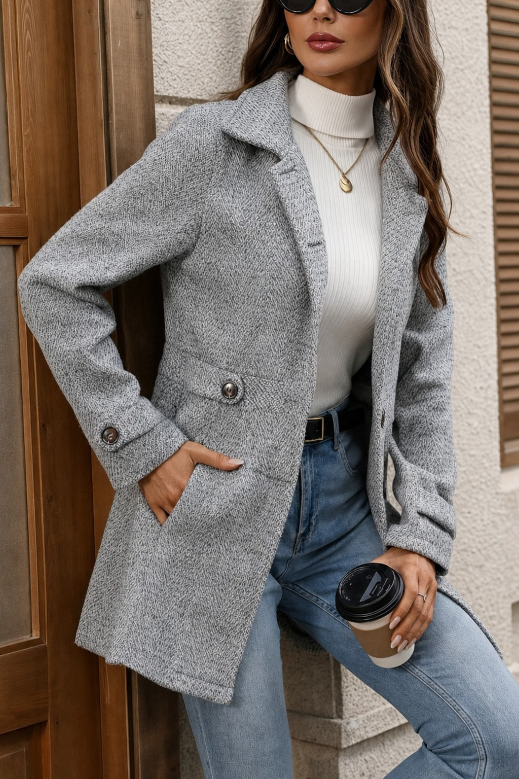 Elegant Herringbone Coat With Waist Defining Tailored Fit - 3