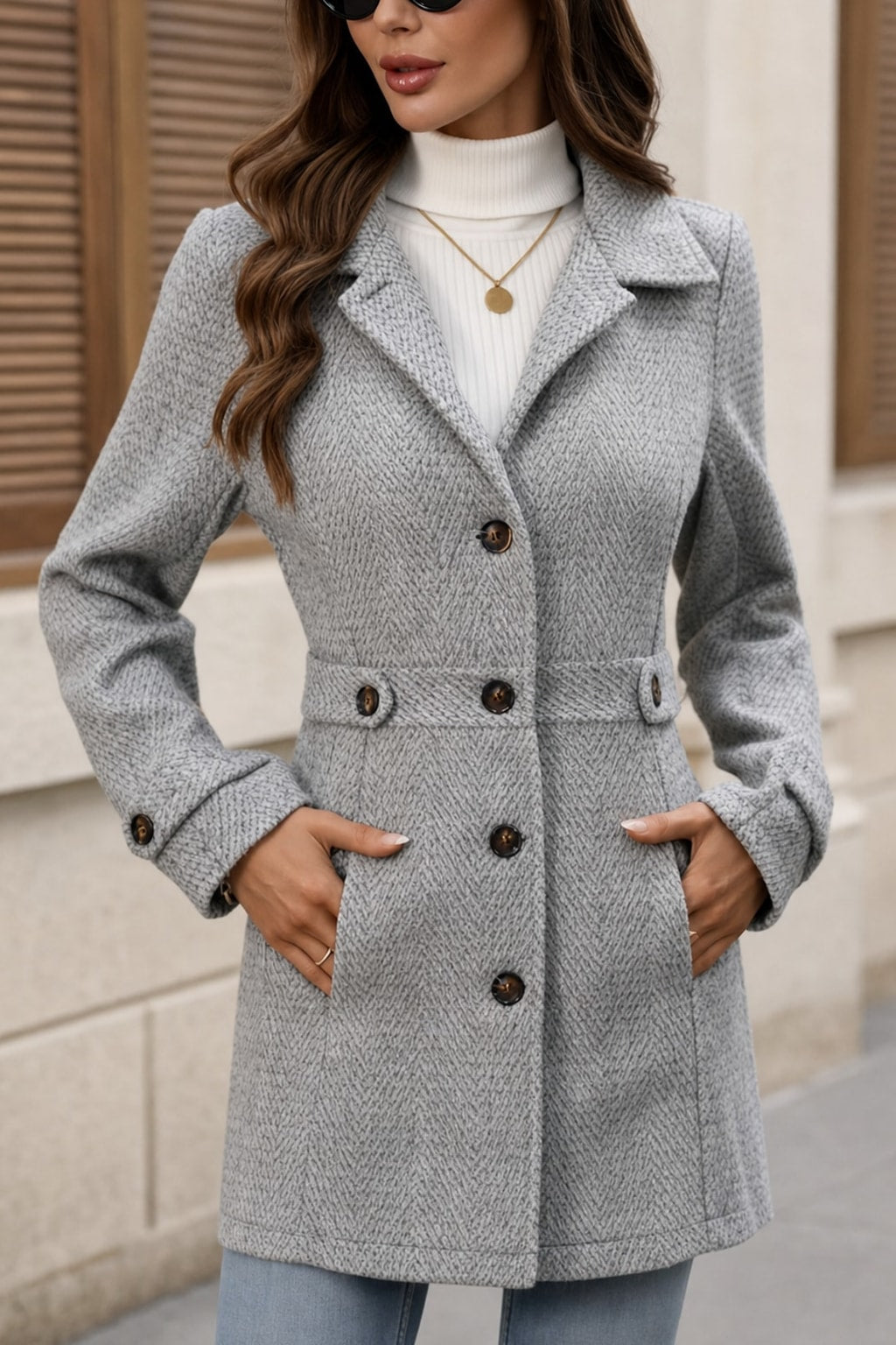 Elegant Herringbone Coat With Waist Defining Tailored Fit - 4