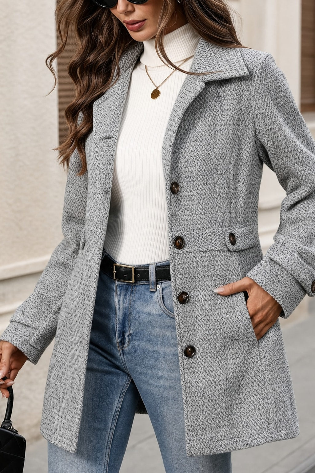 Elegant Herringbone Coat With Waist Defining Tailored Fit - 5