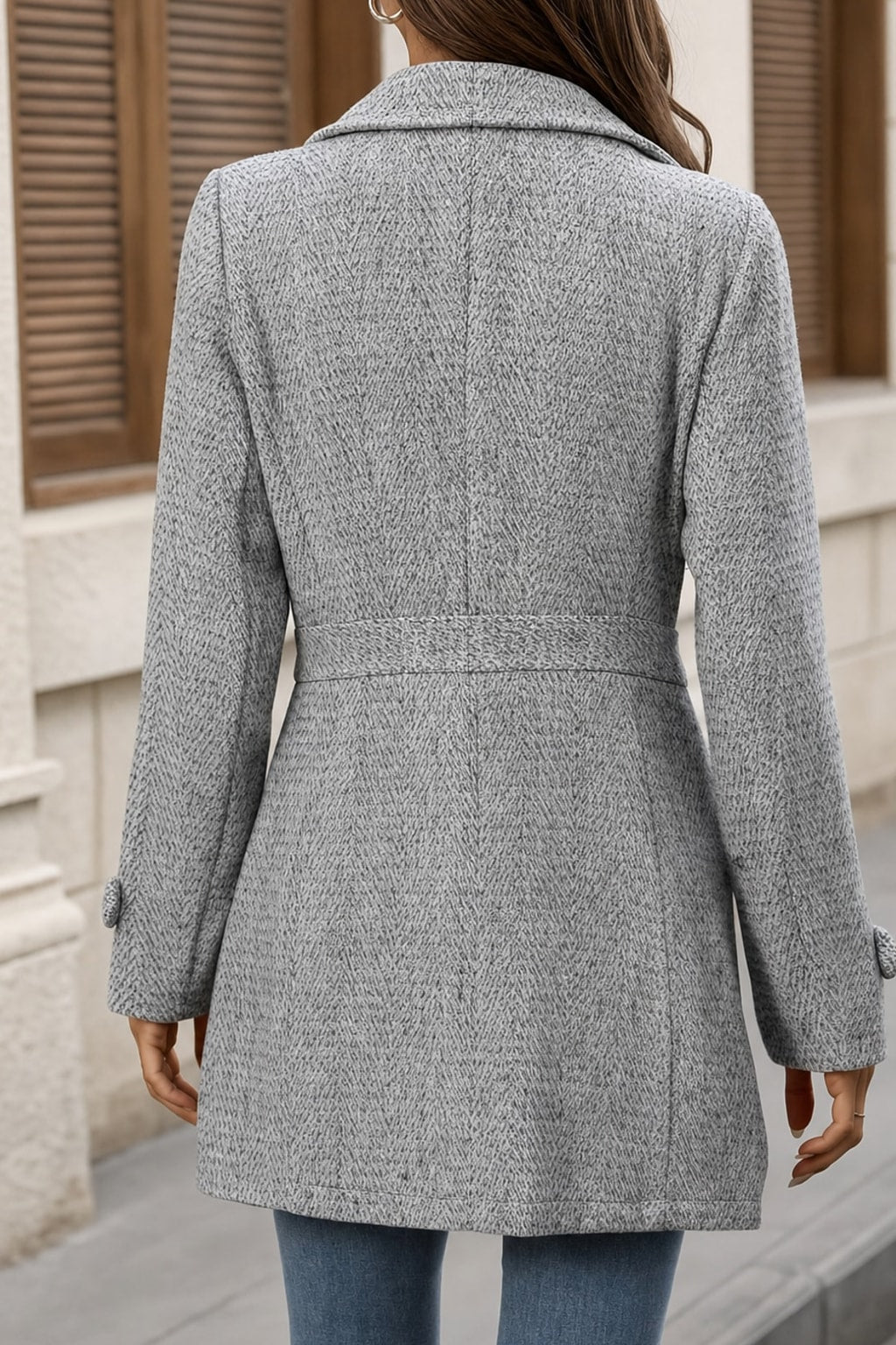 Elegant Herringbone Coat With Waist Defining Tailored Fit - 6