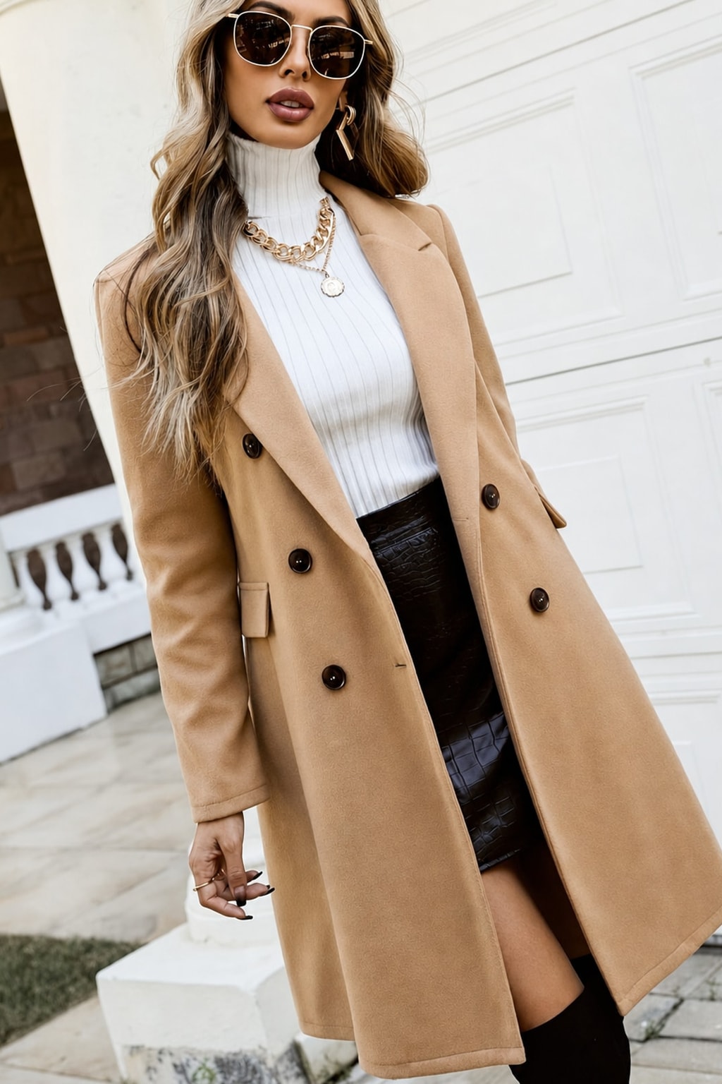 Elegant Mid-Length Double-Breasted Coat With Tailored Waist Fit - 5
