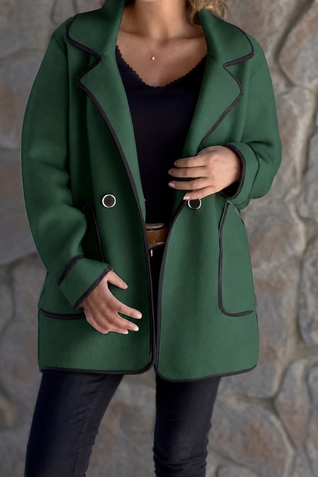 Cozy Contrast Trim Loose Coat With Long Sleeves & Pockets - 2