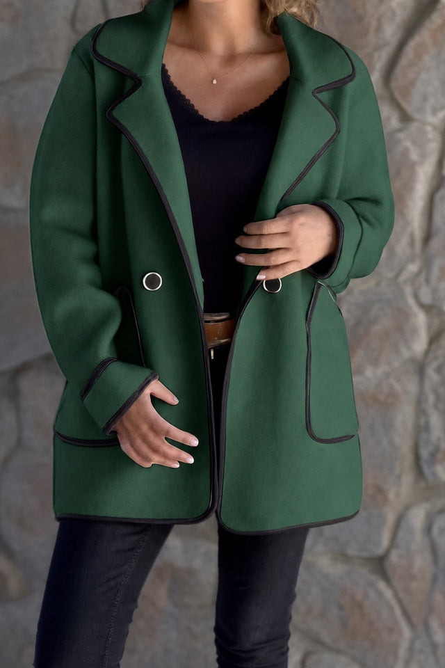 Cozy Contrast Trim Loose Coat With Long Sleeves & Pockets - 2