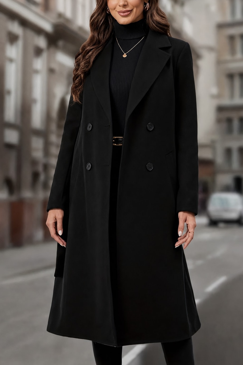 Elegant Women's Double-Breasted Long Coat With Tailored Fit - 3