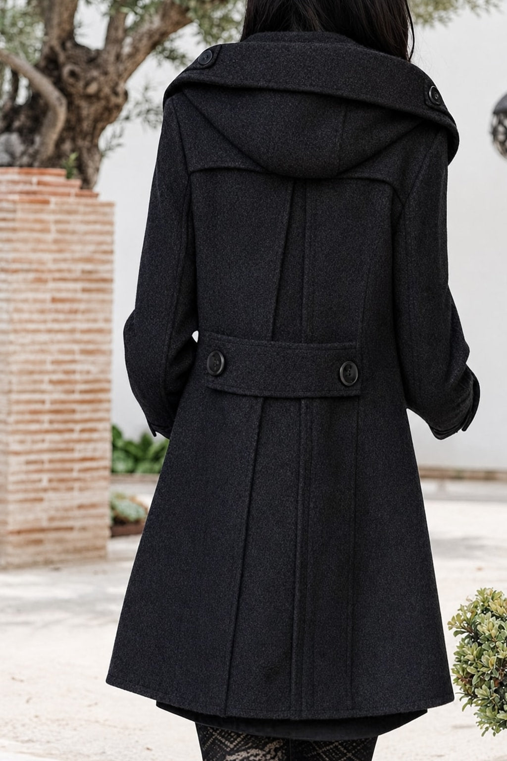 Hooded Double-Breasted Mid Length Coat Cozy Winter Layer - 3