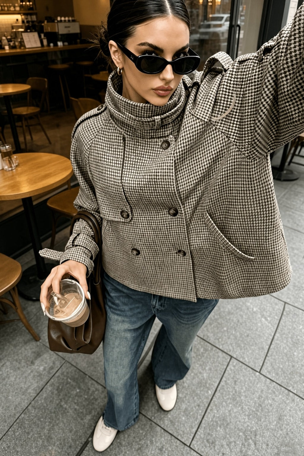 Elegant Houndstooth Cropped Jacket With Stand Collar - 4