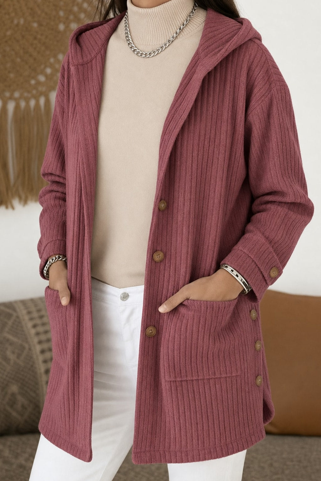 Hooded Button Front Coat With Warm Roomy Pockets - 3