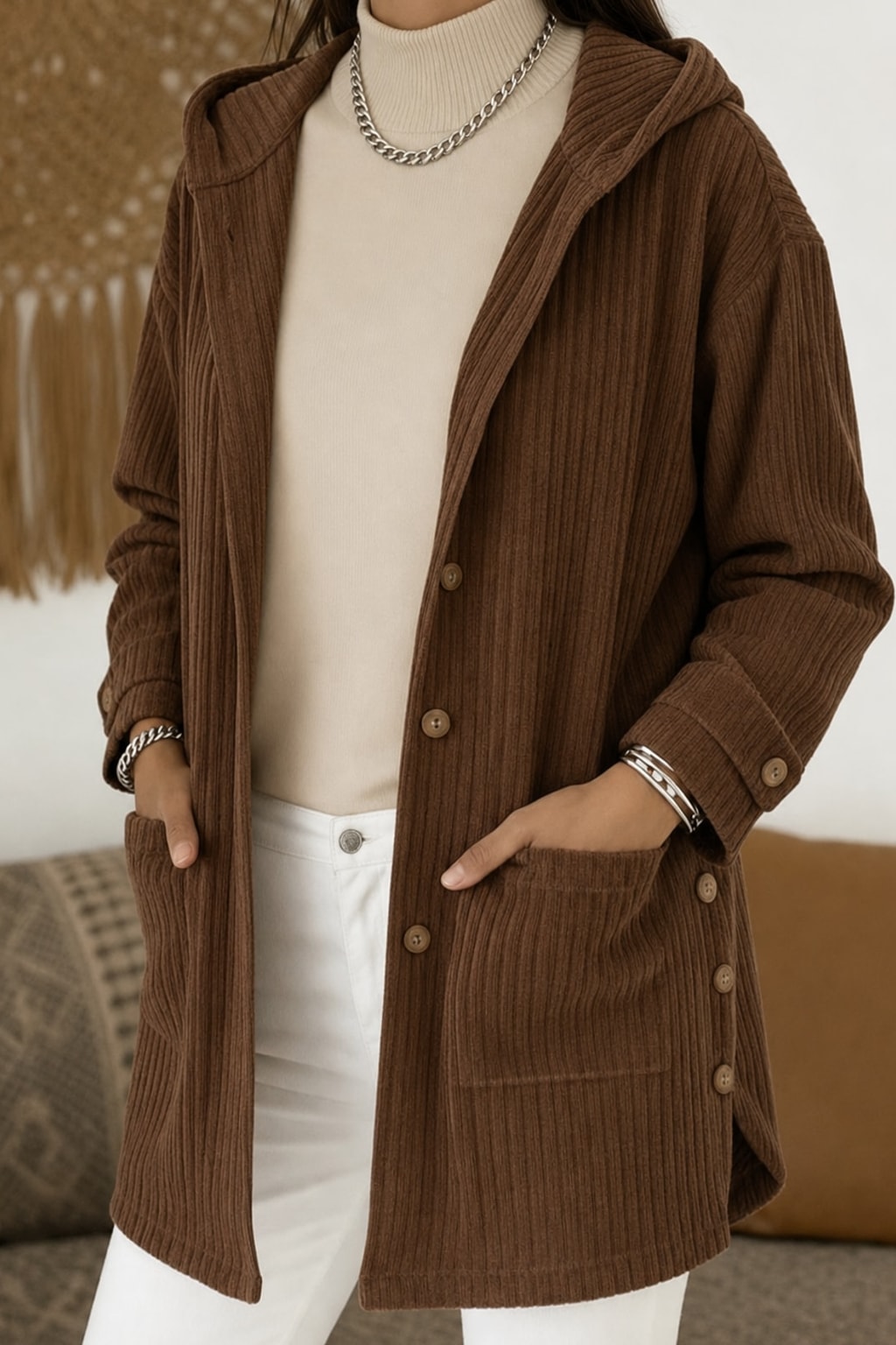 Hooded Button Front Coat With Warm Roomy Pockets - 2