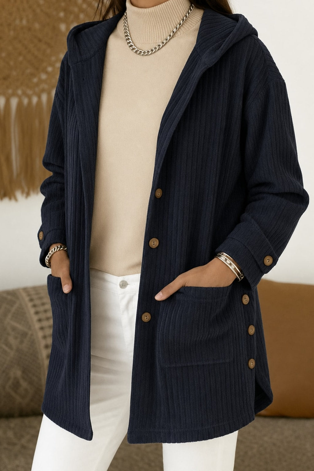 Hooded Button Front Coat With Warm Roomy Pockets - 4