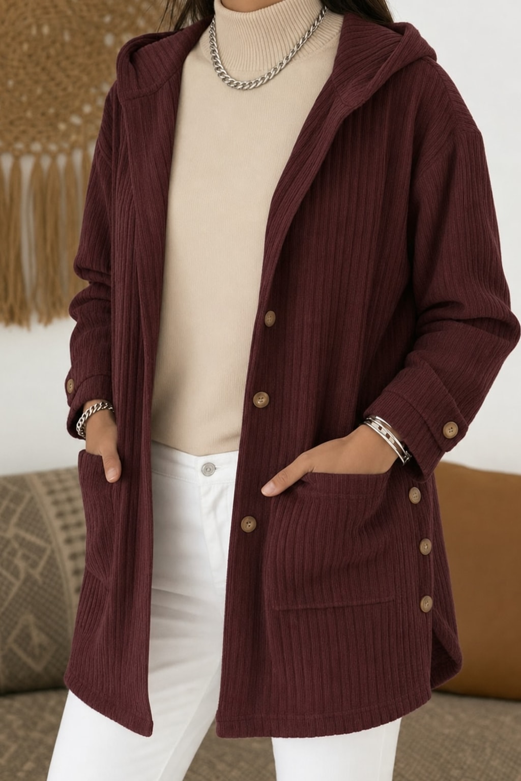 Hooded Button Front Coat With Warm Roomy Pockets - 5
