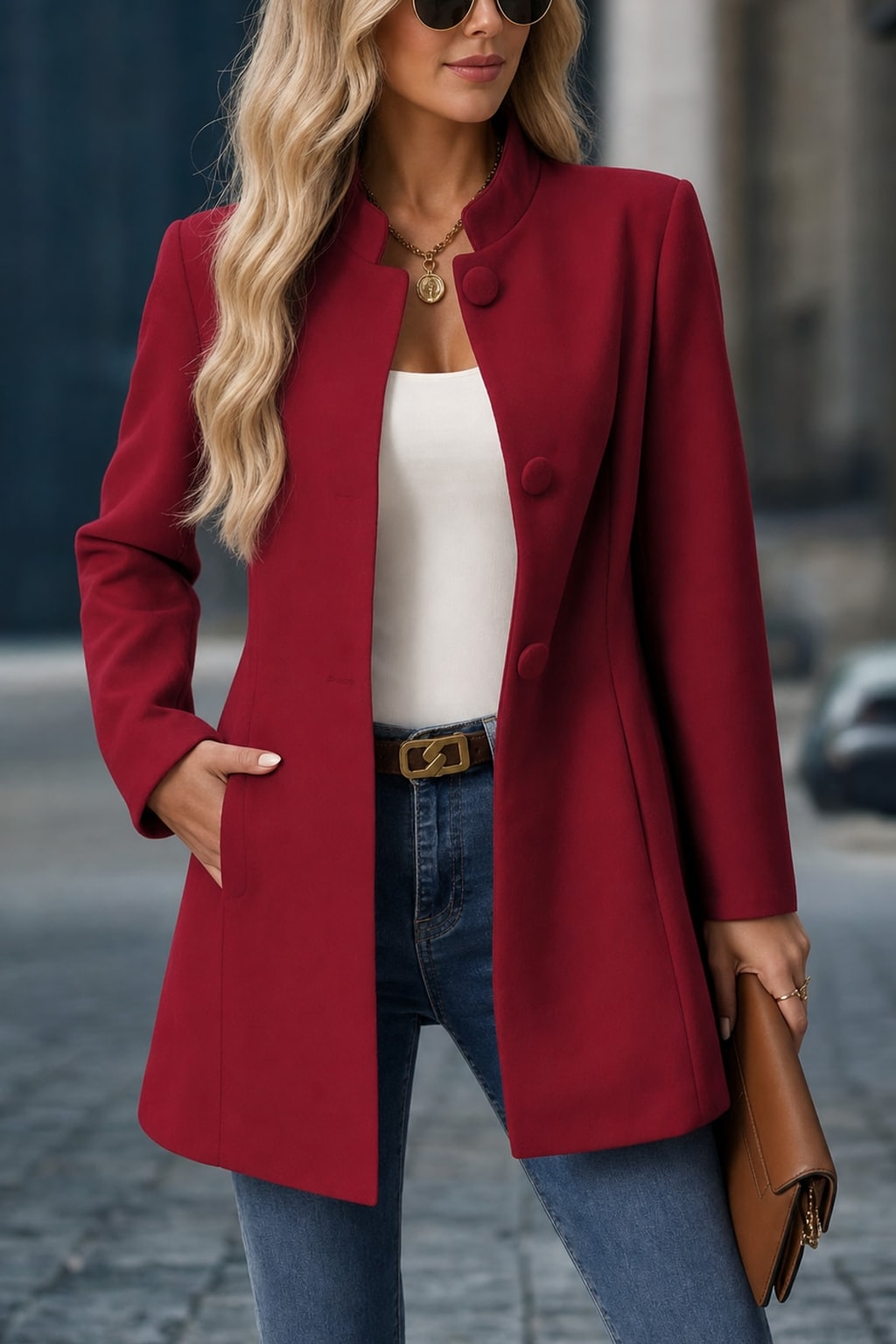 Cozy Women's Stand Collar Coat With Tailored Fit & Pockets - 7