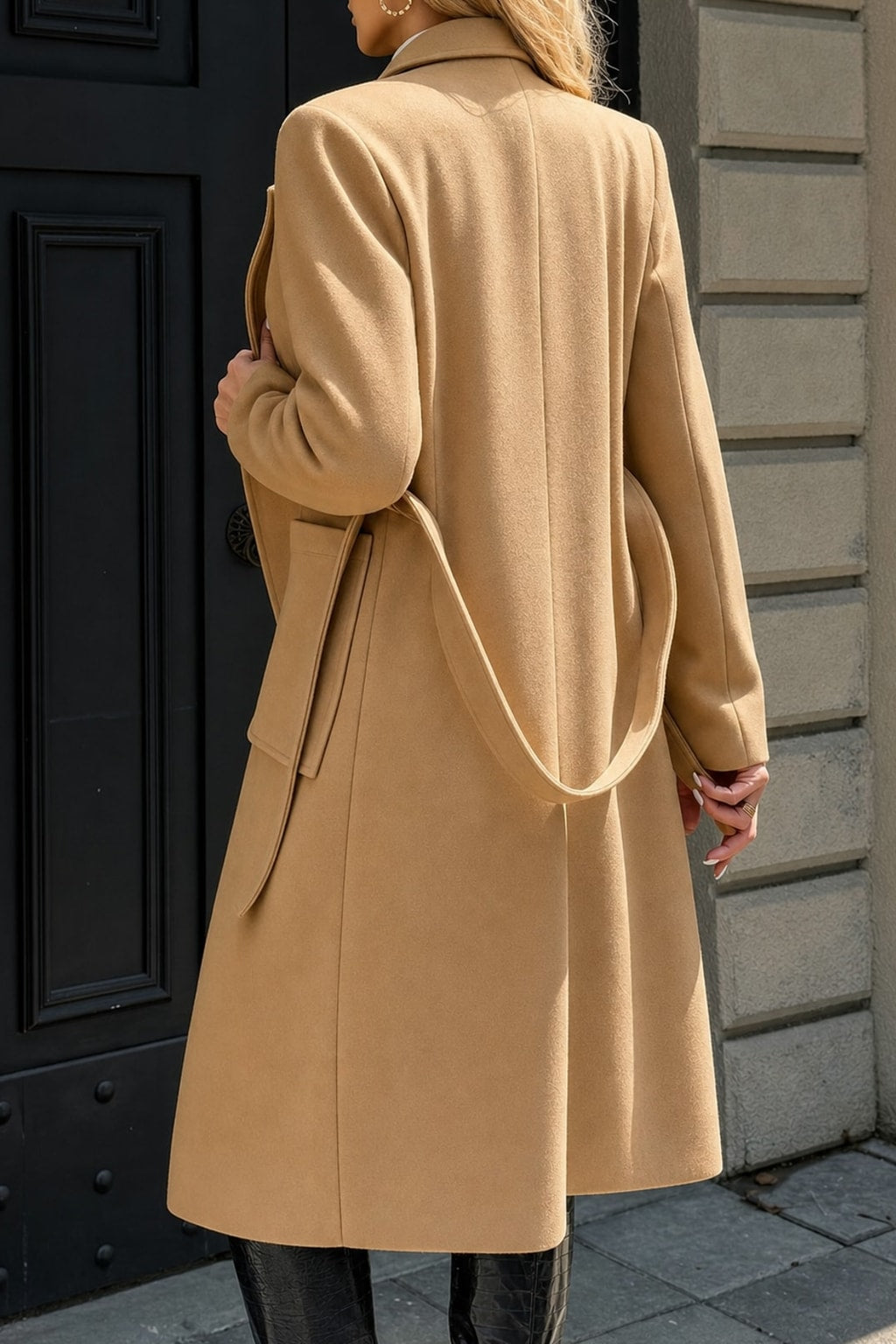 Warm Tailored Belted Long Coat With Adjustable Waist Tie - 3