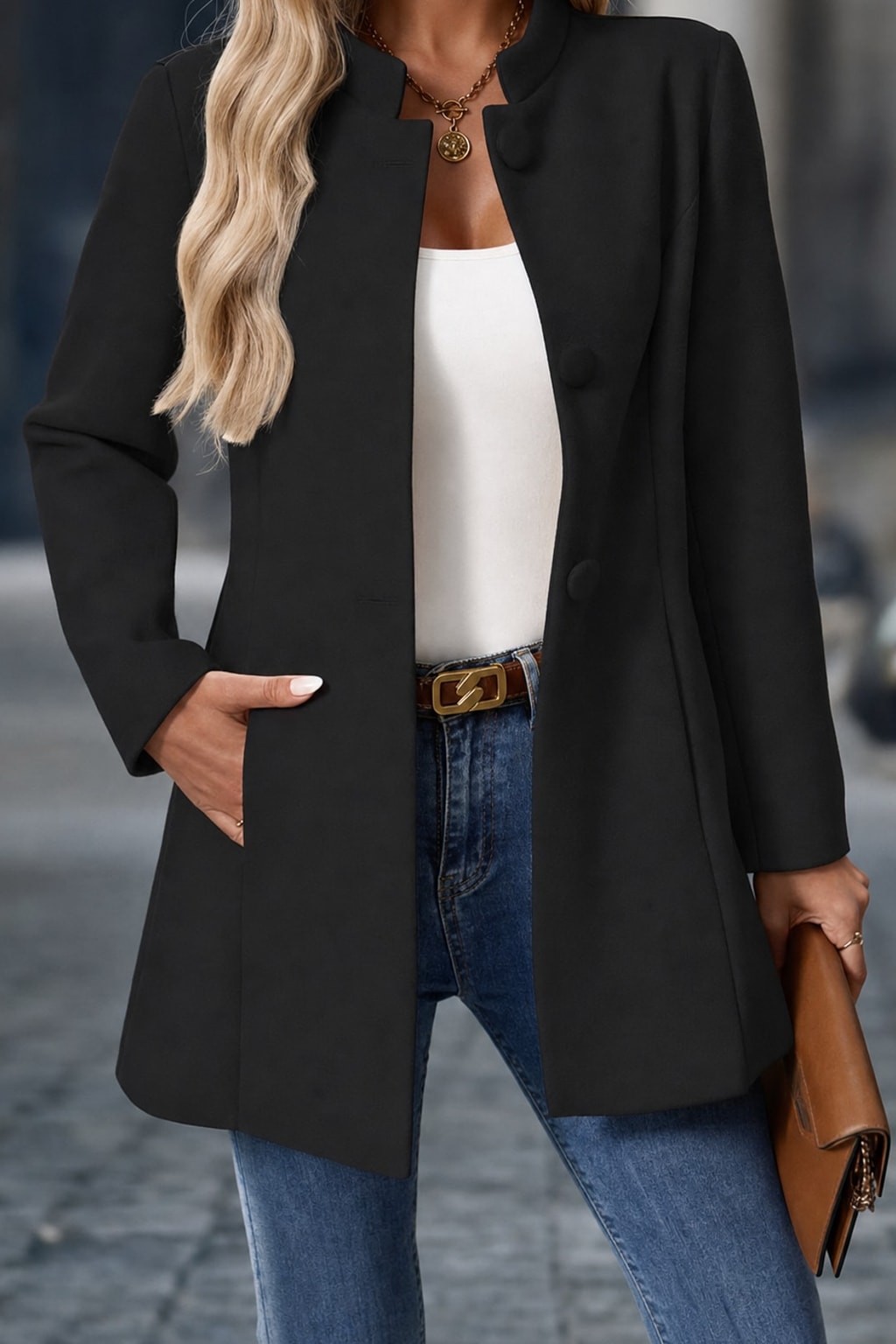 Cozy Women's Stand Collar Coat With Tailored Fit & Pockets - 8