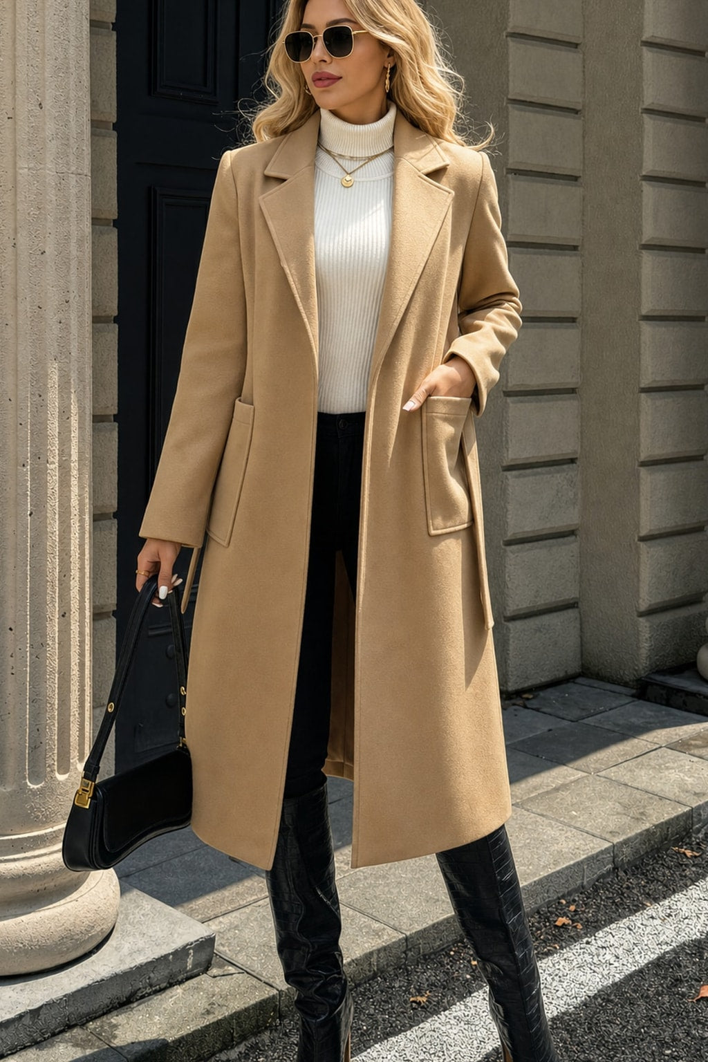 Warm Tailored Belted Long Coat With Adjustable Waist Tie - 5