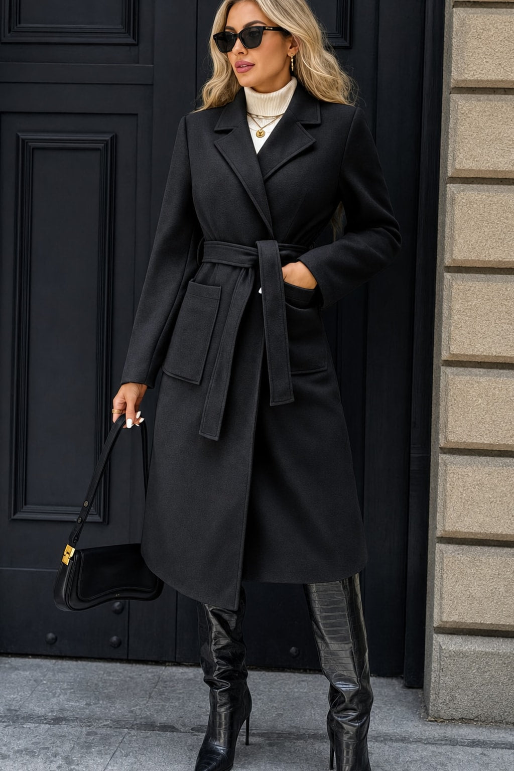 Warm Tailored Belted Long Coat With Adjustable Waist Tie - 7