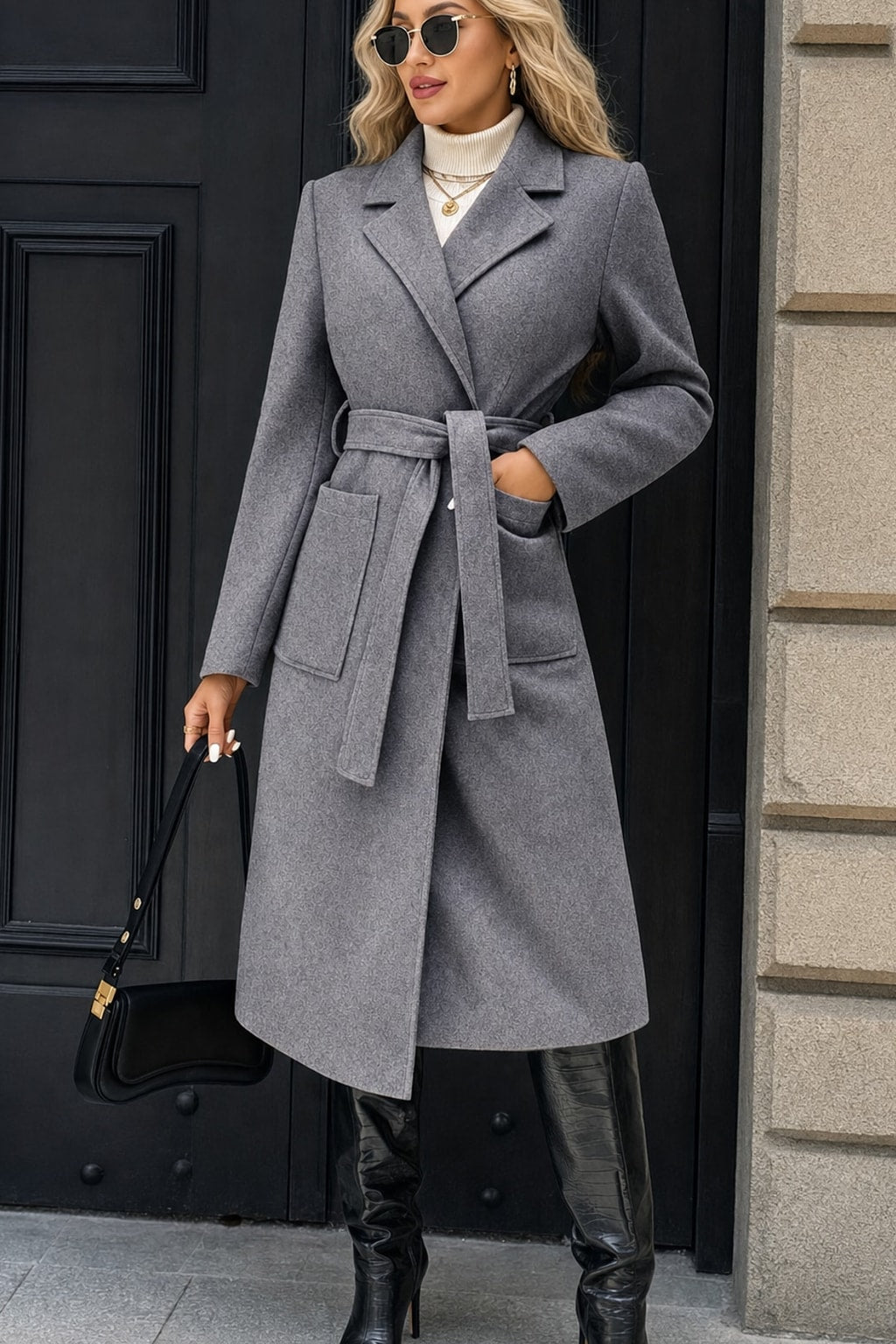 Warm Tailored Belted Long Coat With Adjustable Waist Tie - 8