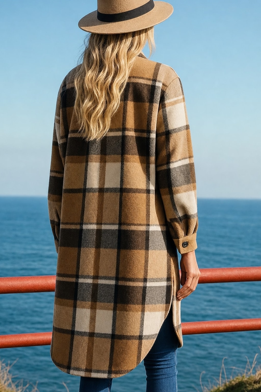 Longline Checked Coat Relaxed Fit For Fall & Winter - 3