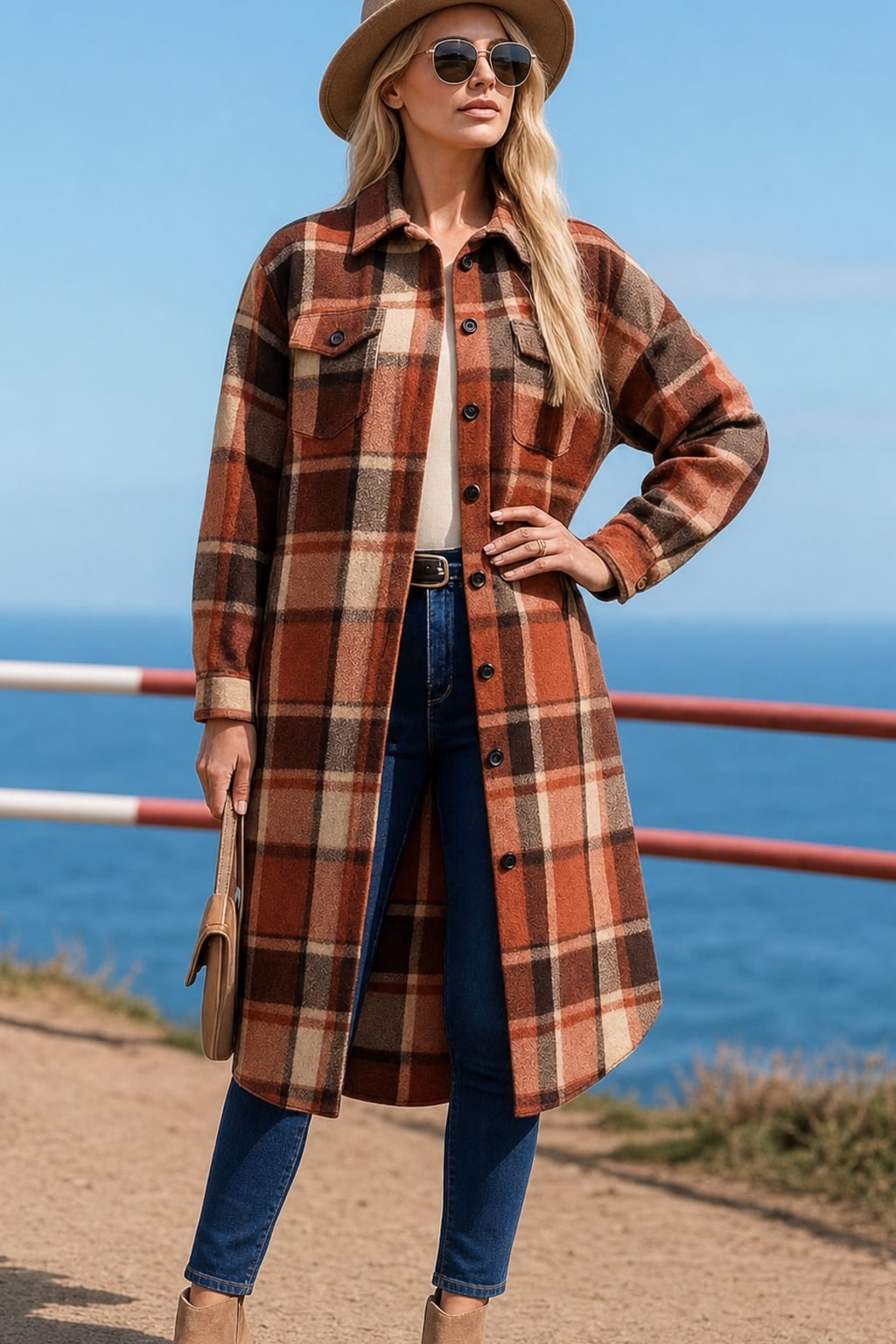 Longline Checked Coat Relaxed Fit For Fall & Winter - 4