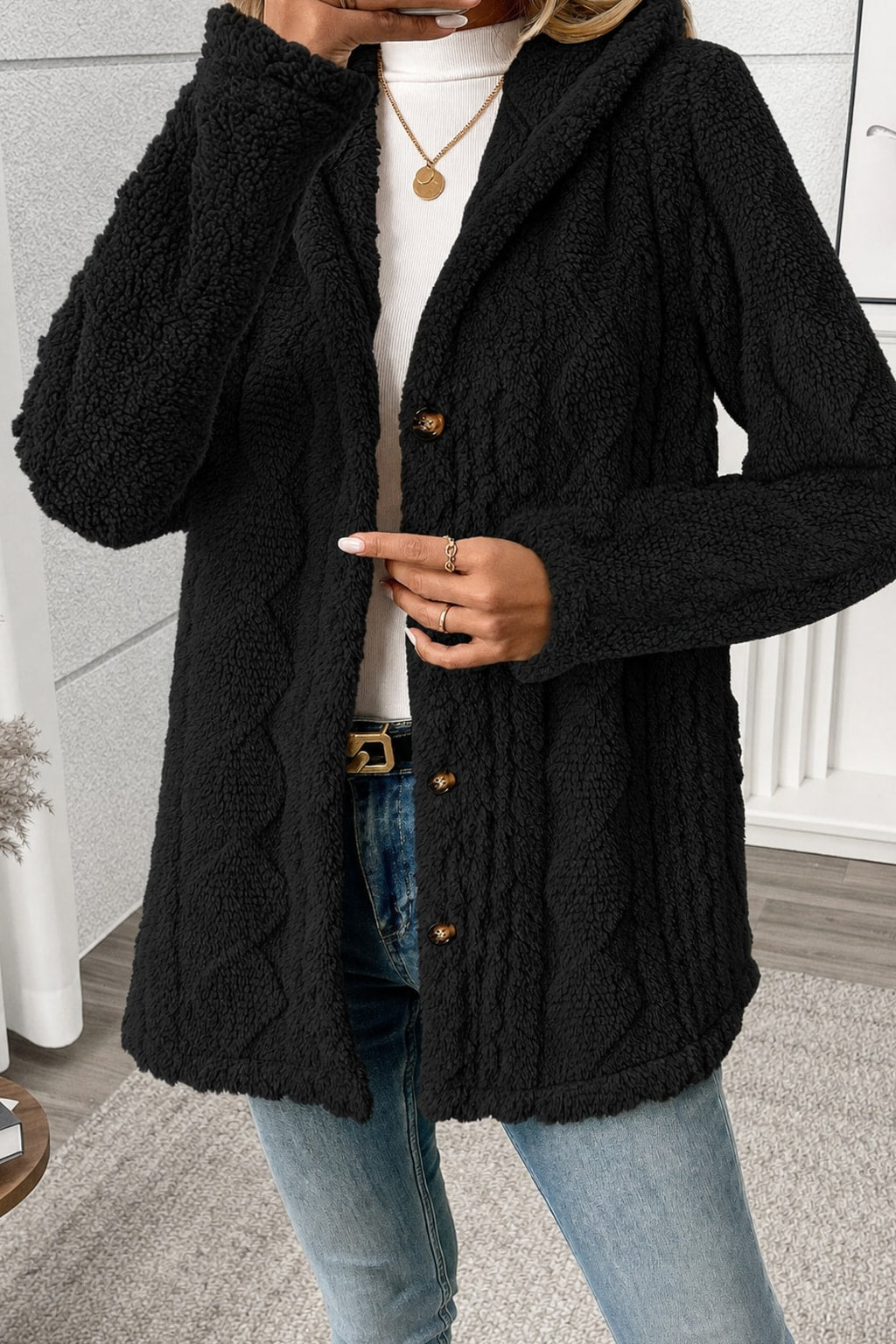 Textured Button Front Coat With Cozy Relaxed Fit - 4