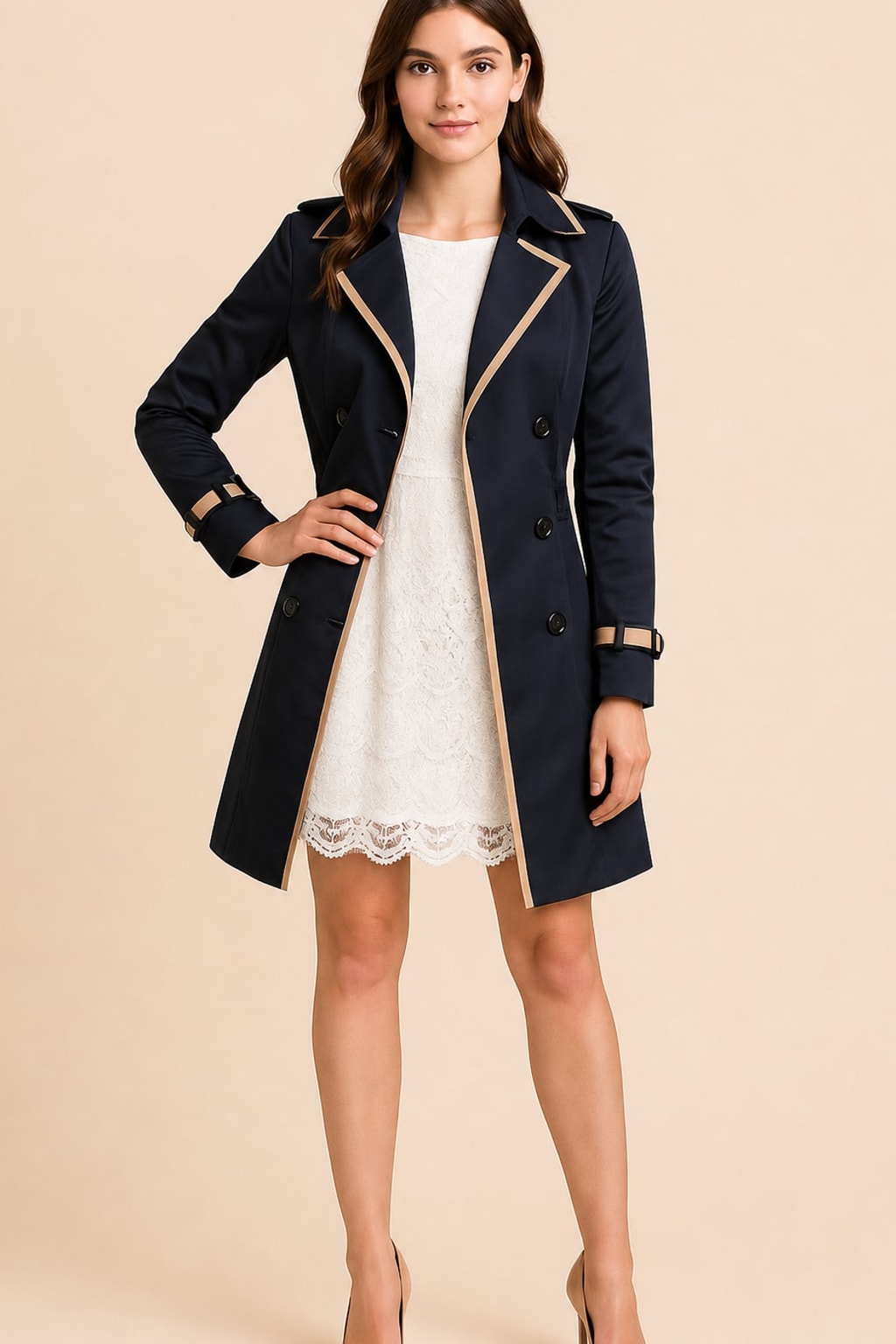 Elegant Polyester Blend Double Breasted Trench Coat - 3