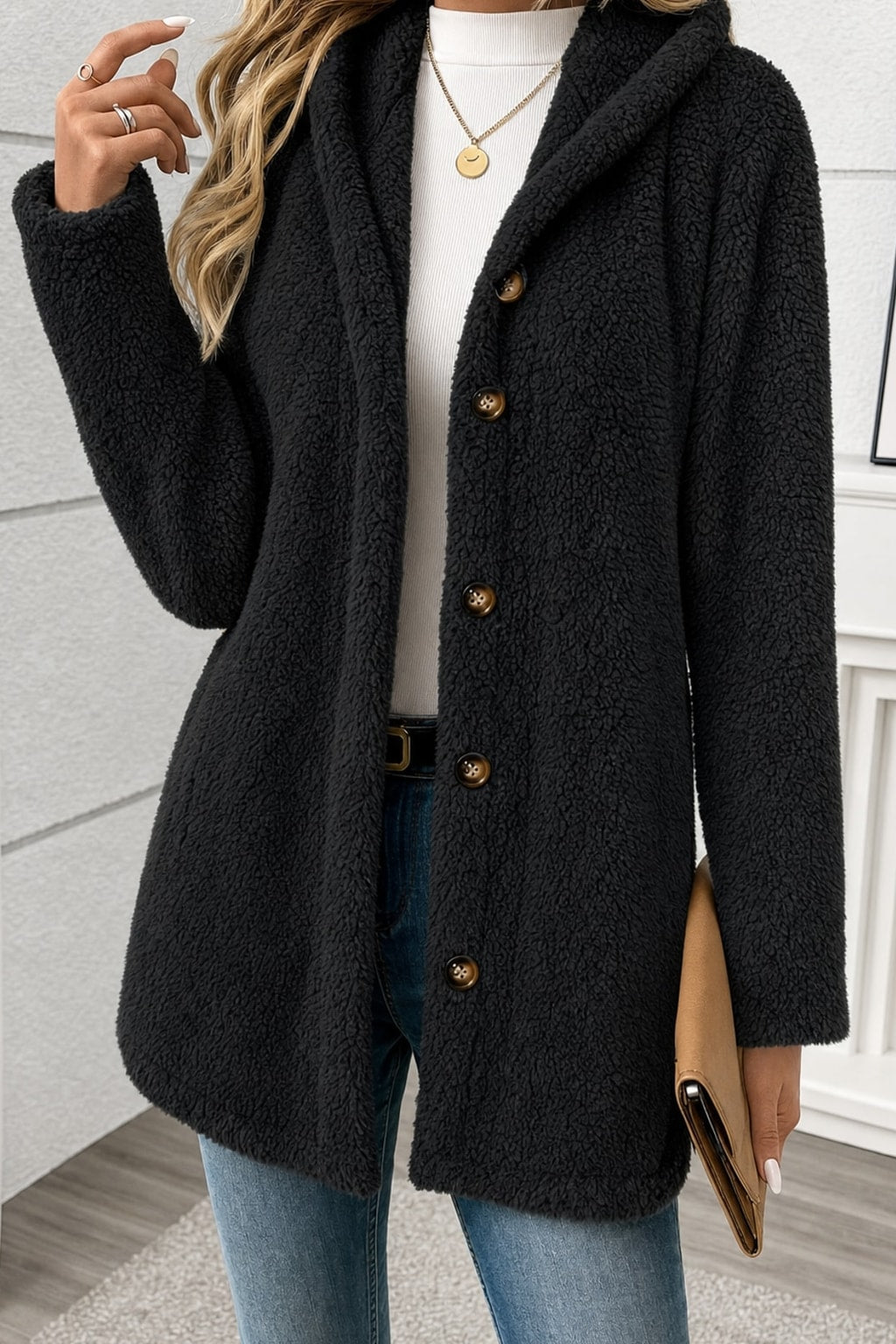 Textured Button Front Coat With Cozy Relaxed Fit - 5