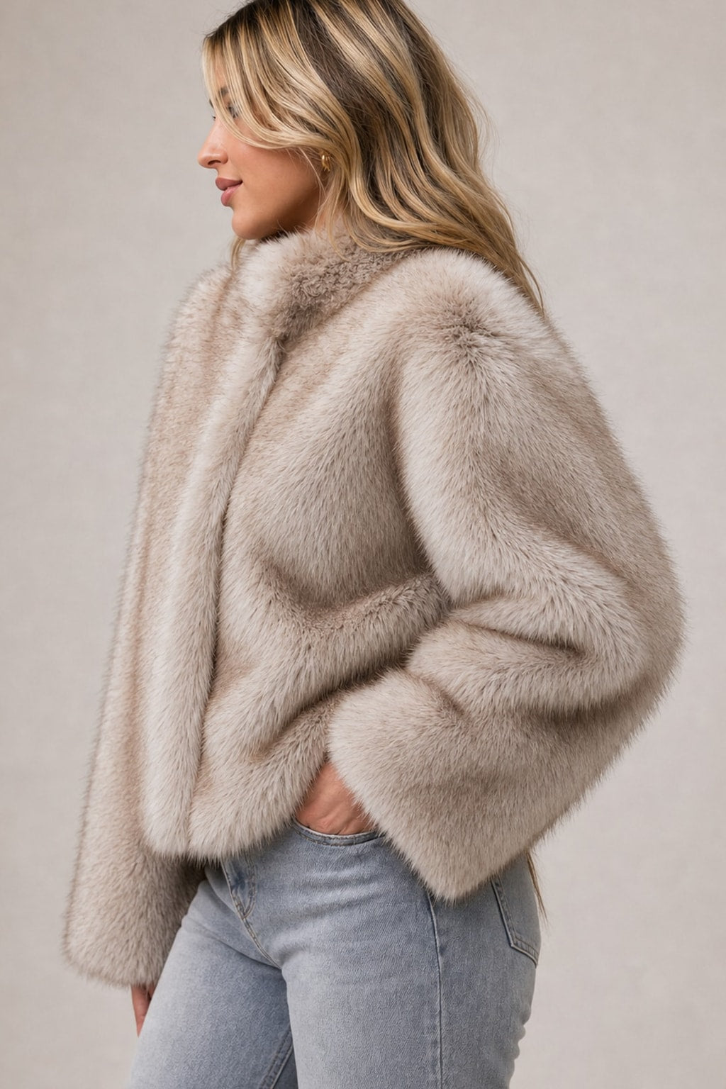 Faux Fur Jacket for Women Cropped Relaxed Fit Winter Coat - 4
