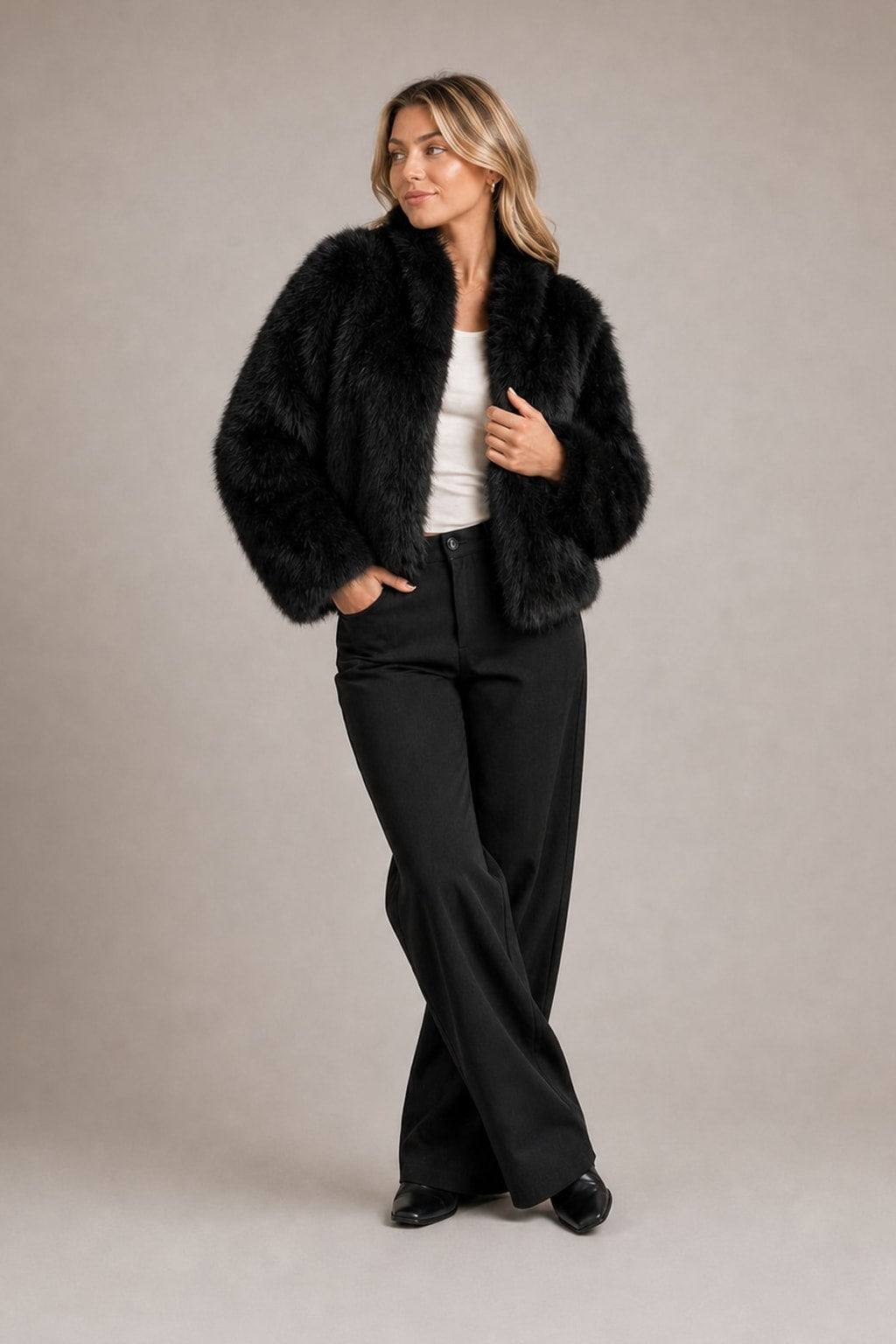 Faux Fur Jacket for Women Cropped Relaxed Fit Winter Coat - 5