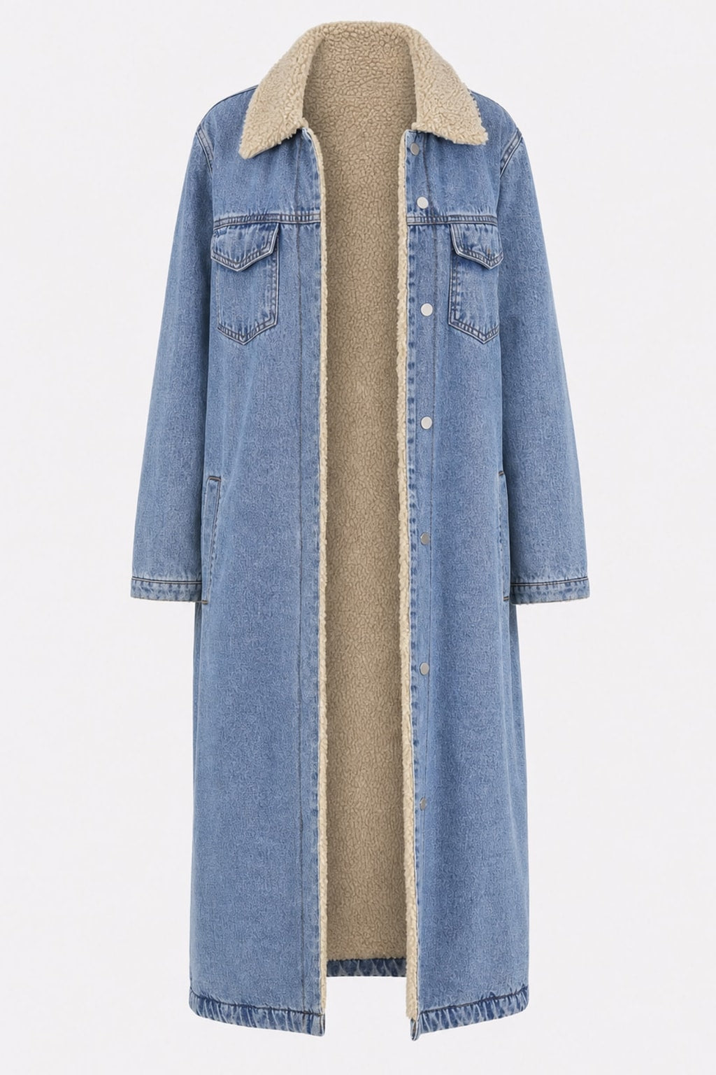 Classic Fleece Lined Long Coat with Button-Front Design - 1