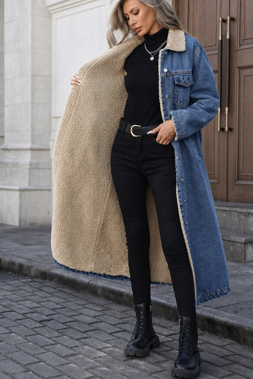 Classic Fleece Lined Long Coat with Button-Front Design - 4