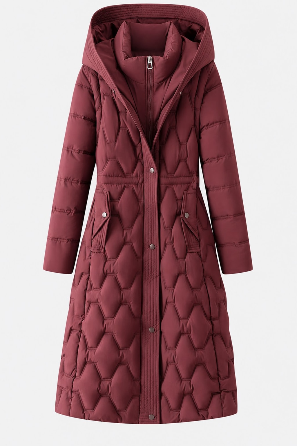 Warm Quilted Longline Puffer Coat With Attached Hood - 1