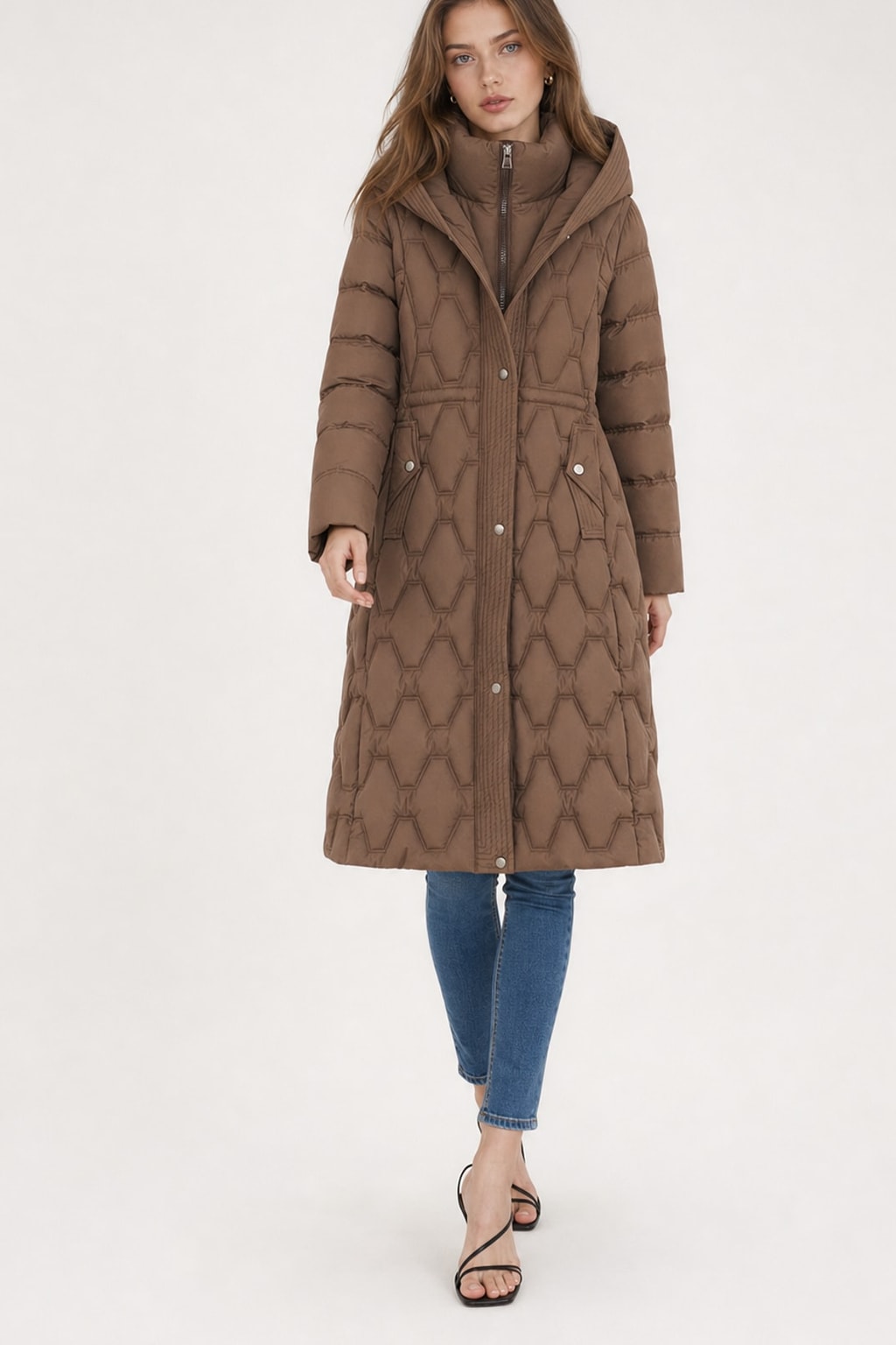 Warm Quilted Longline Puffer Coat With Attached Hood - 4
