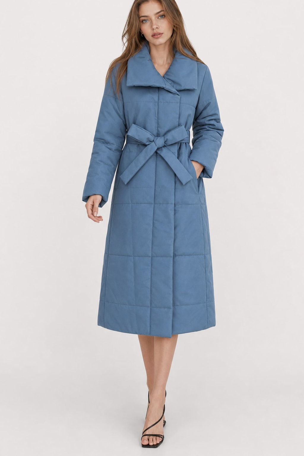 Warm Quilted Cotton Blend Long Coat With Belted Collar - 3