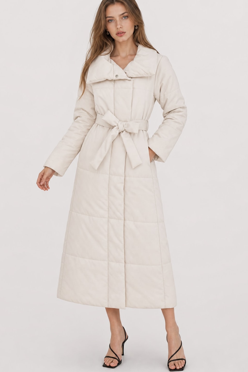 Warm Quilted Cotton Blend Long Coat With Belted Collar - 2