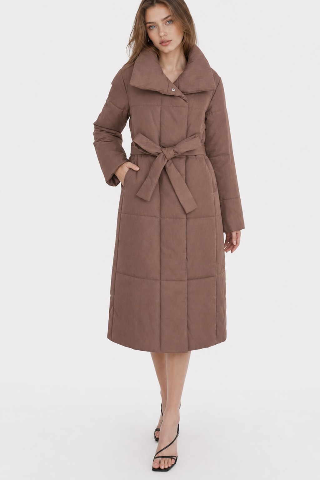 Warm Quilted Cotton Blend Long Coat With Belted Collar - 4
