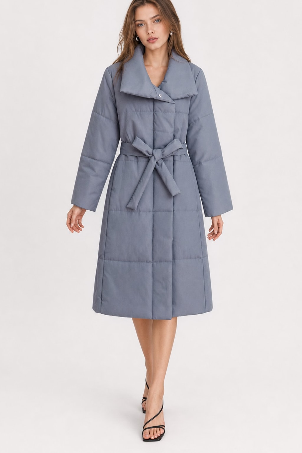 Warm Quilted Cotton Blend Long Coat With Belted Collar - 5