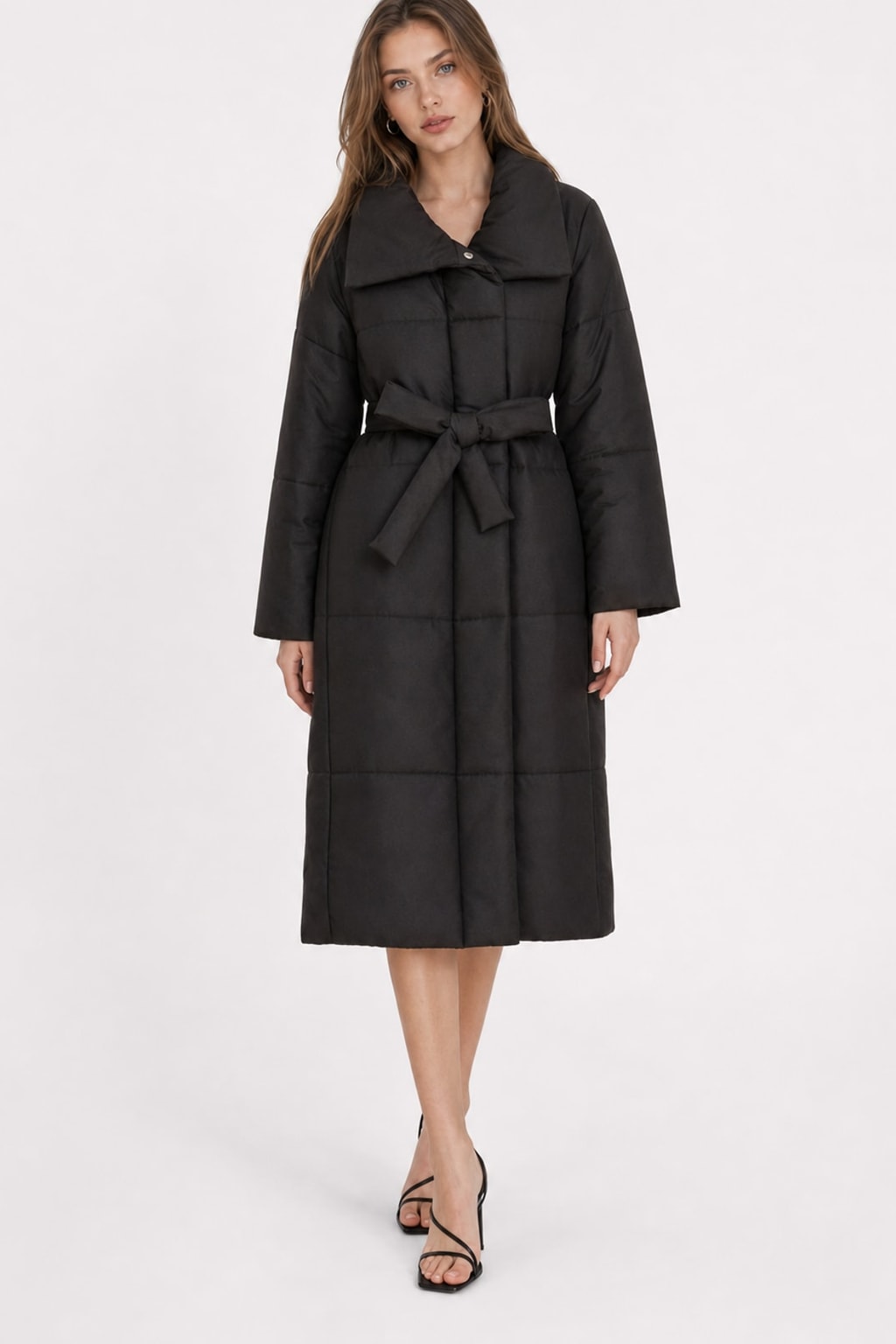 Warm Quilted Cotton Blend Long Coat With Belted Collar - 6