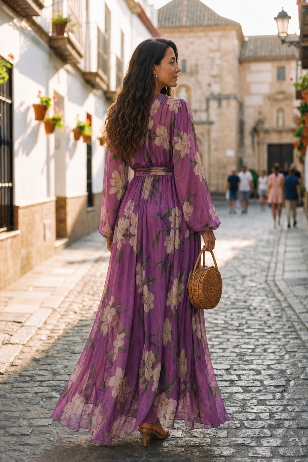 Violet Floral Maxi Dress with Long Sleeves - 3