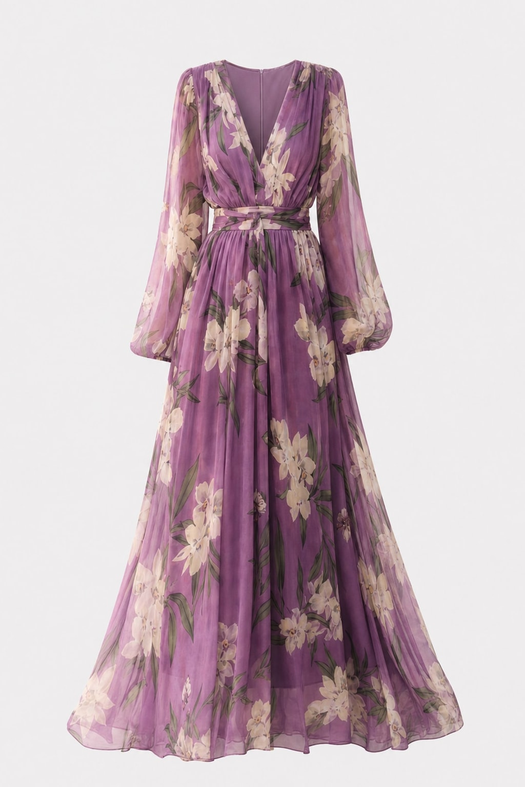 Violet Floral Maxi Dress with Long Sleeves - 1