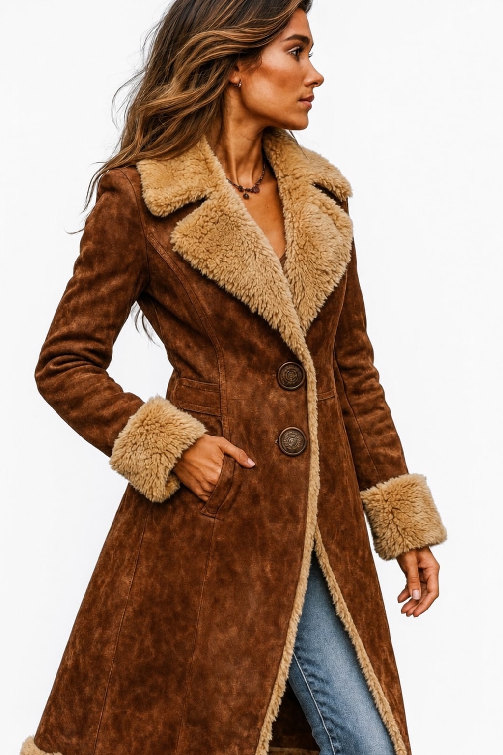 Cozy Faux Suede Long Coat with Faux Fur Lining - 3