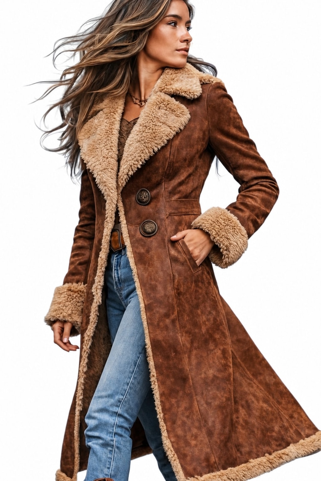 Cozy Faux Suede Long Coat with Faux Fur Lining - 4