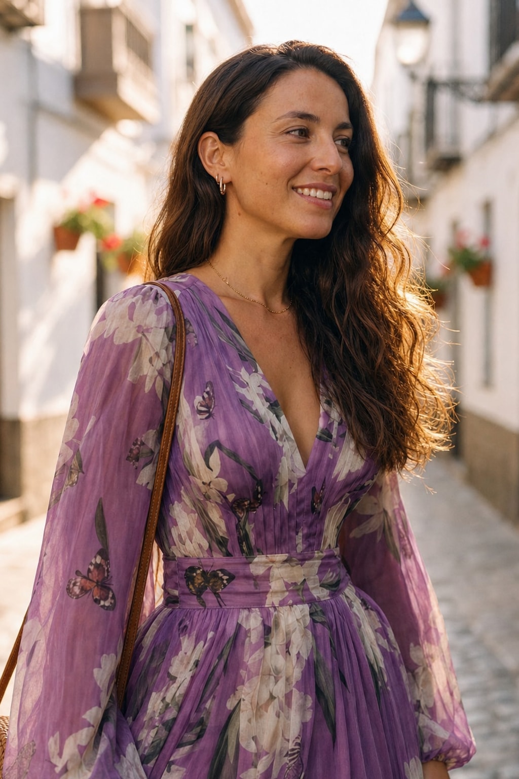 Violet Floral Maxi Dress with Long Sleeves - 4