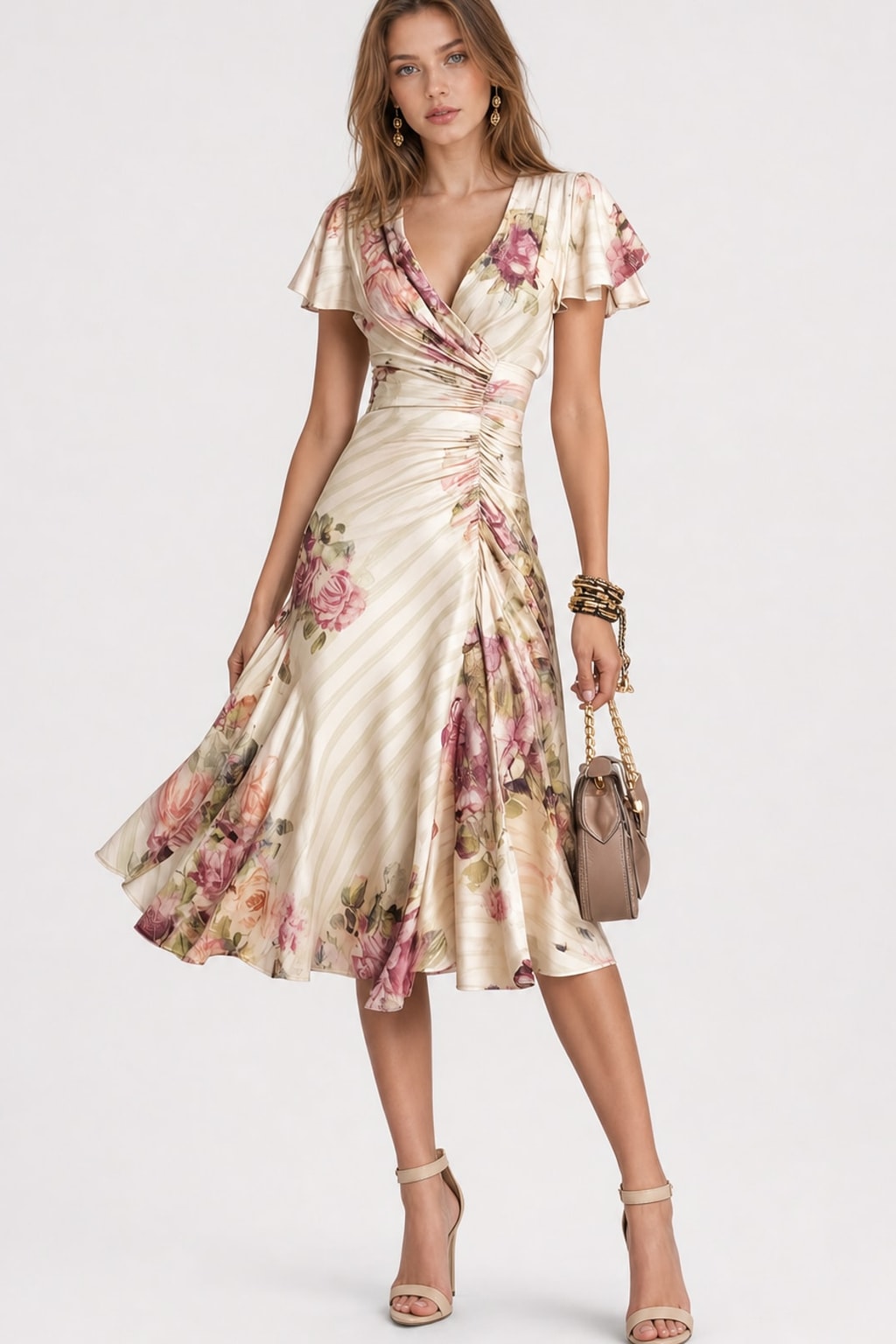 Effortless Floral Wrap Midi Dress With Ruched Waist - 4