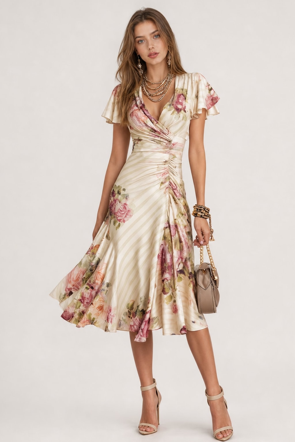 Effortless Floral Wrap Midi Dress With Ruched Waist - 3