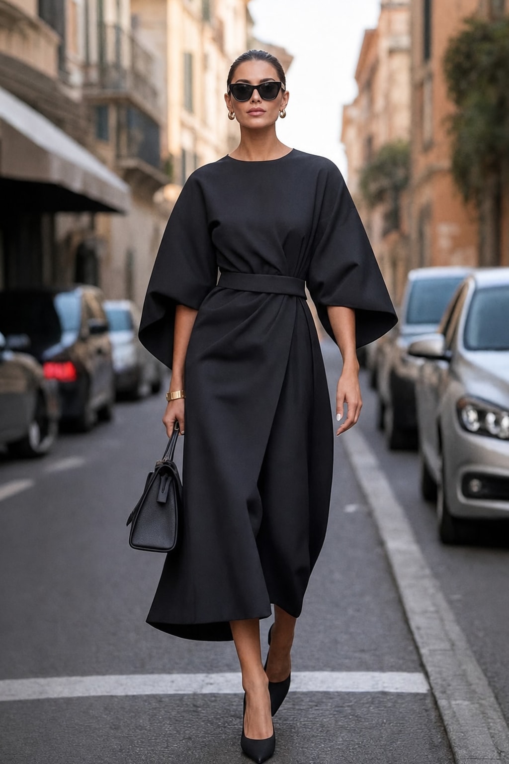 Batwing Sleeve Dress With Cinched Waist - 4